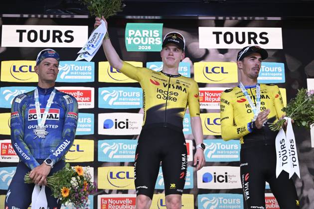 Paris Tours 2026 Cycling Race TOURS, FRANCE - OCTOBER 11 : Stuyven Jasper (BEL) of Soudal Quick-Step, Hagenes Per Strand (NOR) of Team Visma I Lease a Bike and Laporte Christophe (FRA) of Team Visma I Lease a Bike pictured during the podium ceremony of the 120th edition of Paris Tours an UCI ProSeries 1.Pro one day cycling road race for Men Elite of 216.2 km with start in Chartres and finish in Tours on October 11, 2026 in Tours, France, 11 10 2026 ( Motordriver Guy De Vuyst - Tours France  Copyright: xNicoxVereeckenx