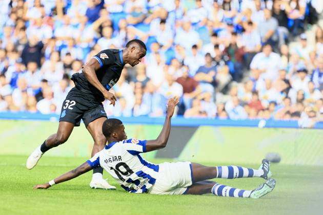 ESP LaLiga EA Sports Real Sociedad RC Deportivo La Coruna Bil Nsongo of RC Deportivo and Mamadou Sarr of Real Sociedad during the LaLiga EA Sports match between Real Sociedad and RC Deportivo played at Anoeta Stadium in Gipuzkoa on October 11, 2026, in Spain. Spain Soccer Copyright: xAgenciaxLOFx
