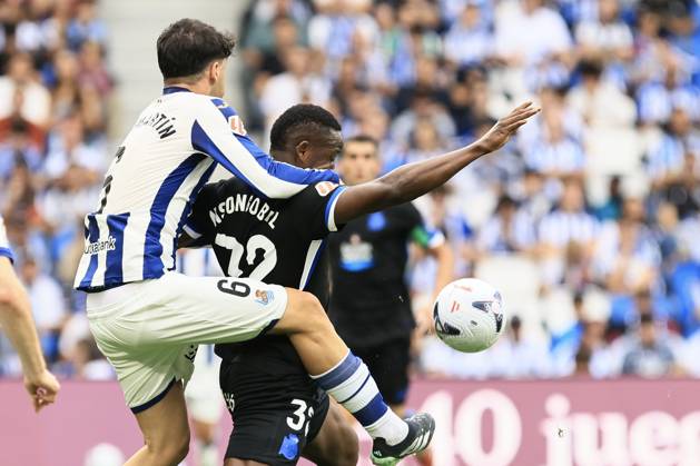 ESP LaLiga EA Sports Real Sociedad RC Deportivo La Coruna Jon Martin of Real Sociedad and Bil Nsongo of RC Deportivo during the LaLiga EA Sports match between Real Sociedad and RC Deportivo played at Anoeta Stadium in Gipuzkoa on October 11, 2026, in Spain. Spanish Soccer Copyright: xAgenciaxLOFx