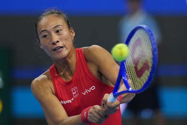(261011) -- BEIJING, Oct. 11, 2026 -- Zheng Qinwen hits a return during the women s singles final between Zheng Qinwen of China and Mirra Andreeva of Russia at 2026 China Open tennis tournament in Beijing, China, Oct. 11, 2026. ) (SP)CHINA-BEIJING-TENNIS-CHINA OPEN-WOMEN S SINGLES-FINAL (CN) SunxFei