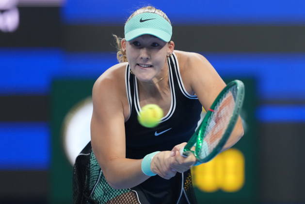 (261011) -- BEIJING, Oct. 11, 2026 -- Mirra Andreeva hits a return during the women s singles final between Zheng Qinwen of China and Mirra Andreeva of Russia at 2026 China Open tennis tournament in Beijing, China, Oct. 11, 2026. ) (SP)CHINA-BEIJING-TENNIS-CHINA OPEN-WOMEN S SINGLES-FINAL (CN) SunxFei