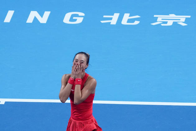 (261011) -- BEIJING, Oct. 11, 2026 -- Zheng Qinwen reacts after the women s singles final between Zheng Qinwen of China and Mirra Andreeva of Russia at 2026 China Open tennis tournament in Beijing, China, Oct. 11, 2026. ) (SP)CHINA-BEIJING-TENNIS-CHINA OPEN-WOMEN S SINGLES-FINAL (CN) JuxHuanzong