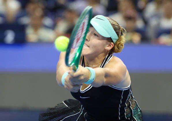 (261011) -- BEIJING, Oct. 11, 2026 -- Mirra Andreeva hits a return during the women s singles final between Zheng Qinwen of China and Mirra Andreeva of Russia at 2026 China Open tennis tournament in Beijing, China, Oct. 11, 2026. ) (SP)CHINA-BEIJING-TENNIS-CHINA OPEN-WOMEN S SINGLES-FINAL (CN) ZhangxChenlin