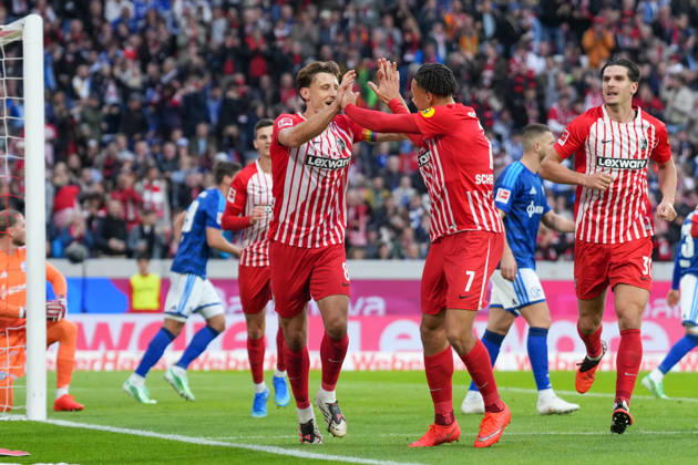 Maximilian Eggestein (SC Freiburg, 08) and Derry Scherhant (SC Freiburg, 07) – goal celebration, emotions, shot on goal, finish, goal scored, goal, hit, Germany, soccer, Bundesliga 1, Matchday 5, 2026–2027, SC Freiburg vs. FC Schalke 04, October 11, 2026, Europa-Park Stadium, Freiburg, Baden-Württemberg, Germany Copyright: xArnexAmbergx