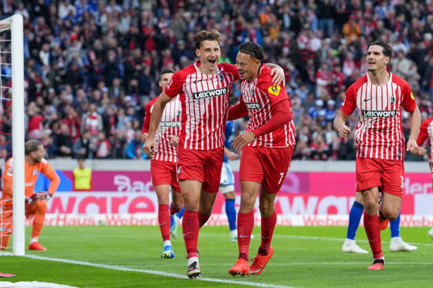 Maximilian Eggestein (SC Freiburg, 08) and Derry Scherhant (SC Freiburg, 07) – goal celebration, emotions, shot on goal, finish, goal scored, goal, hit, Germany, soccer, Bundesliga 1, Matchday 5, 2026–2027, SC Freiburg vs. FC Schalke 04, October 11, 2026, Europa-Park Stadium, Freiburg, Baden-Württemberg, Germany Copyright: xArnexAmbergx