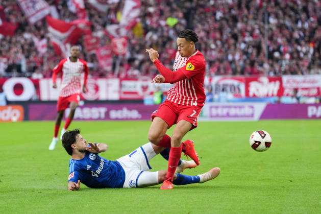 1 Bundesliga: SC Freiburg vs. FC Schalke 04, October 11, 2026; Tackle between Adrian Gantenbein (FC Schalke 04, No. 17) and Derry Scherhant (SC Freiburg, No. 7); 1 Bundesliga: SC Freiburg vs. FC Schalke 04, Europa-Park Stadium, October 11, 2026 DFB and DFL regulations prohibit any use of photographs as image sequences and or quasi-video. Copyright: xBEAUTIFULxSPORTS Boscox