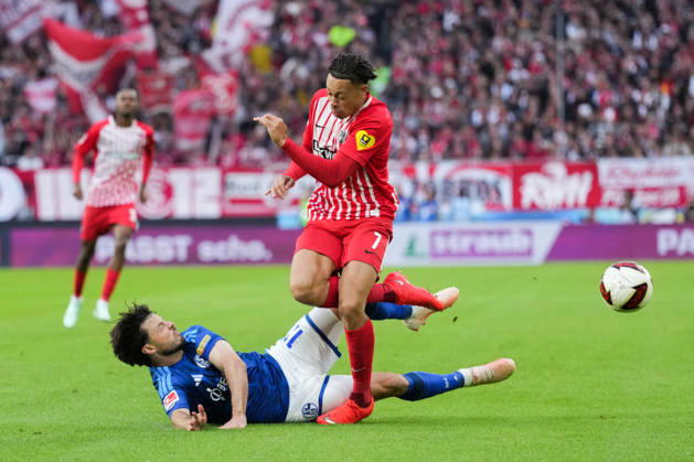 1 Bundesliga: SC Freiburg vs. FC Schalke 04, October 11, 2026; Tackle between Adrian Gantenbein (FC Schalke 04, No. 17) and Derry Scherhant (SC Freiburg, No. 7); 1 Bundesliga: SC Freiburg vs. FC Schalke 04, Europa-Park Stadium, October 11, 2026 DFB and DFL regulations prohibit any use of photographs as image sequences and or quasi-video. Copyright: xBEAUTIFULxSPORTS Boscox