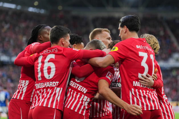 1 Bundesliga: SC Freiburg vs. FC Schalke 04, October 11, 2026—Celebration of the 1–0 goal by Maximilian Eggestein (SC Freiburg), 8 1 Bundesliga: SC Freiburg vs. FC Schalke 04, Europa-Park Stadium, October 11, 2026 DFB and DFL regulations prohibit any use of photographs as image sequences and or quasi-video. Copyright: xBEAUTIFULxSPORTS Boscox