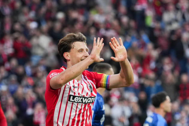 1 Bundesliga: SC Freiburg vs. FC Schalke 04, October 11, 2026—Celebration of the 1–0 goal by Maximilian Eggestein (SC Freiburg), 8 1 Bundesliga: SC Freiburg vs. FC Schalke 04, Europa-Park Stadium, October 11, 2026 DFB and DFL regulations prohibit any use of photographs as image sequences and or quasi-video. Copyright: xBEAUTIFULxSPORTS Boscox