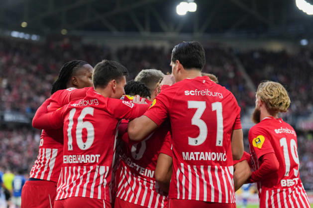 1 Bundesliga: SC Freiburg vs. FC Schalke 04, October 11, 2026—Celebration of the 1–0 goal by Maximilian Eggestein (SC Freiburg), 8 1 Bundesliga: SC Freiburg vs. FC Schalke 04, Europa-Park Stadium, October 11, 2026 DFB and DFL regulations prohibit any use of photographs as image sequences and or quasi-video. Copyright: xBEAUTIFULxSPORTS Boscox