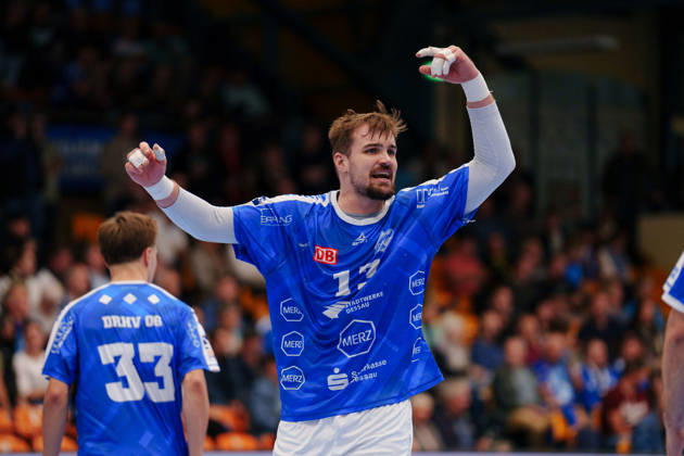 2nd Handball Bundesliga, Matchday 7: Dessau Roßlauer HV 06 vs. VfL Lübeck Schwartau, Valentin Neagu (Dessau Roßlauer HV 06), 13 celebrates on October 11, 2026, at the Anhalt Arena, Dessau-Roßlau, Saxony-Anhalt, Dessau-Roßlau, Anhalt Arena, Saxony-Anhalt, Germany