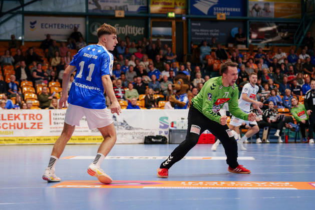 2nd Handball Bundesliga, Matchday 7: Dessau Roßlauer HV 06 vs. VfL Lübeck Schwartau; Mark Ferjan (VfL Lübeck Schwartau), 77 celebrates after saving a shot by Alen Hadzimuhamedovic of Dessau Roßlauer HV 06, on October 11, 2026, at the Anhalt Arena in Dessau-Roßlau, Saxony-Anhalt, Germany