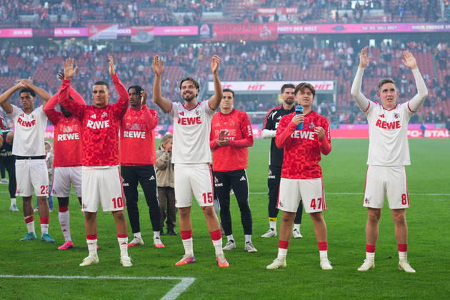 October 11, 2026, xydrx, Men s, Soccer, Bundesliga 1, 1. FC Köln vs. Borussia Mönchengladbach, 2026–2027 season, RheinEnergieSTADION Jahmai Simpson Pusey 1 FC Köln, 22 Said El Mala 1 FC Köln, 10 Imad Rondic 1 FC Köln, 15 Mikey Moore 1 FC Köln, 47 Isak Johannesson 1 FC Köln, 8 celebrate the victory. DFB regulations prohibit any use of photographs as image sequences and or quasi-video. Copyright: HMBxMedia YannisxDreimann