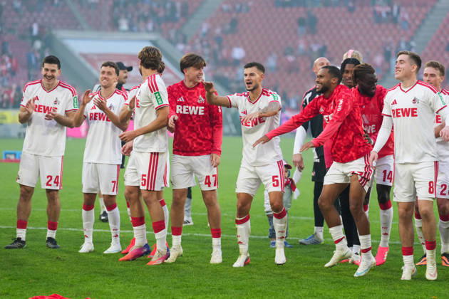 October 11, 2026, xydrx, Men s, Soccer, Bundesliga 1, 1. FC Köln vs. Borussia Mönchengladbach, 2026–2027 season, RheinEnergieSTADION: Luka Lochoshvili (1. FC Köln), 24 Luca Waldschmidt (1. FC Köln), 7 Imad Rondic (1. FC Köln), 15 Mikey Moore (1. FC Köln), 47 Tom Krauß 1. FC Köln, 5 Gideon Mensah 1. FC Köln, 14 Isak Johannesson 1. FC Köln, 8 celebrate the victory. DFB regulations prohibit any use of photographs as image sequences and or quasi-video. Copyright: HMBxMedia YannisxDreimann