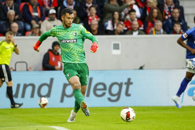 Mio Backhaus, SC Freiburg, No. 1 on the Ball, Germany, Soccer, Bundesliga 1, Matchday 5, 2026–2027, SC Freiburg vs. FC Schalke 04, October 11, 2026, Freiburg im Breisgau, Europa-Park Stadium, Germany Copyright: xGrantxHubbsx