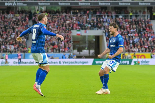 Celebration of the 1-1 goal by Adrian Gantenbein (FC Schalke 04), 17 with Robin Gosens (FC Schalke 04), 08 GER, SC Freiburg vs. Schalke 04, Soccer, Bundesliga, Matchday 5, 2026–2027 Season, October 11, 2026 DFL DFB regulations prohibit any use of photographs as image sequences and or quasi-video GER, SC Freiburg vs. Schalke 04, soccer, Bundesliga, Matchday 5, 2026–2027 season, October 11, 2026, Freiburg Copyright: xEibner-Pressefotox EP_THS
