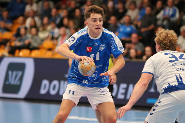 October 11, 2026 Men s Handball 2026–2027, 2nd Division, Matchday 7: Dessau Roßlauer HV 06 vs. VfL Lübeck Schwartau at Anhalt Arena, Dessau. Alen Hadzimuhamedovic, Dessau, 11, wearing blue on offense Dessau Roßlau Saxony-Anhalt Germany