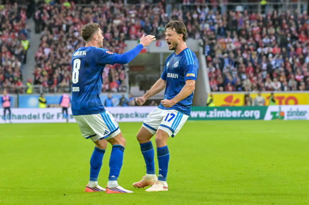 Celebration of the 1-1 goal by Adrian Gantenbein (FC Schalke 04), 17 with Robin Gosens (FC Schalke 04), 08 GER, SC Freiburg vs. Schalke 04, Soccer, Bundesliga, Matchday 5, 2026–2027 Season, October 11, 2026 DFL DFB regulations prohibit any use of photographs as image sequences and or quasi-video GER, SC Freiburg vs. Schalke 04, soccer, Bundesliga, Matchday 5, 2026–2027 season, October 11, 2026, Freiburg Copyright: xEibner-Pressefotox EP_THS