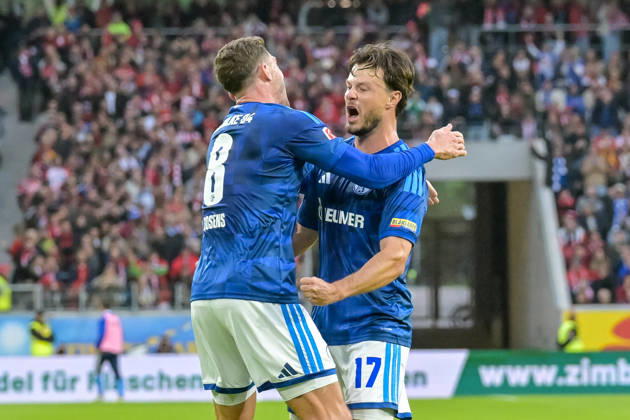 Celebration of the 1-1 goal by Adrian Gantenbein (FC Schalke 04), 17 with Robin Gosens (FC Schalke 04), 08 GER, SC Freiburg vs. Schalke 04, Soccer, Bundesliga, Matchday 5, 2026–2027 Season, October 11, 2026 DFL DFB regulations prohibit any use of photographs as image sequences and or quasi-video GER, SC Freiburg vs. Schalke 04, soccer, Bundesliga, Matchday 5, 2026–2027 season, October 11, 2026, Freiburg Copyright: xEibner-Pressefotox EP_THS