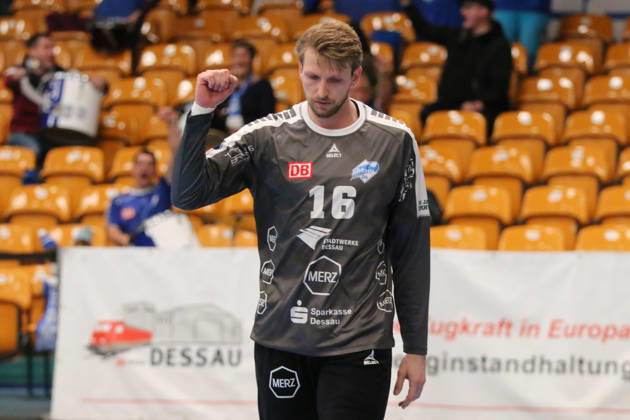 October 11, 2026 Men s Handball 2026–2027, 2nd Division, Matchday 7: Dessau Roßlauer HV 06 vs. VfL Lübeck Schwartau at Anhalt Arena, Dessau. Philip Ambrosius, Dessau, 16, in gray, celebrates after scoring a goal Dessau Roßlau Saxony-Anhalt Germany