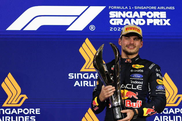 Max Verstappen wins 2026 Formula 1 Singapore Grand Prix SINGAPORE - OCT 11: Red Bull Racing s Max Verstappen celebrates on the podium, after winning the Formula 1 Singapore Grand Prix at the Marina Bay Street Circuit in Singapore on October 11, 2026. Daniel Ceng Anadolu Singapore Singapore. Editorial use only. Please get in touch for any other usage.  Copyright: x2026xAnadoluxDanielxCengx