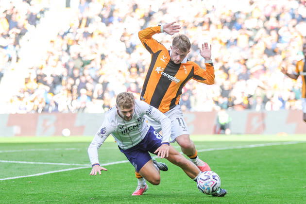 RECORD DATE NOT STATED 11th October 2026; MKM Stadium, Hull, England; Premier League Football, Hull City versus Everton; Joe Gelhardt of Hull City fouls Kiernan Dewsbury-Hall of Everton DavexLofthouse