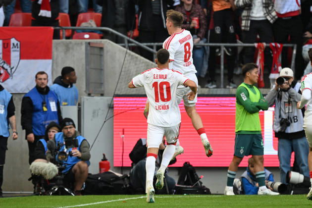 Isak Johannesson (Cologne 8) celebrates after scoring the 1-0 goal with Said El Mala (Cologne 10, 11, 10, 2026) ¢ Soccer ¢ 1. FC Cologne vs. Borussia Mönchengladbach, RheinEnergieStadion, Cologne, DFB and DFL regulations prohibit any use of photographs as image sequences and or quasi-video. NRW, Germany Copyright: xpepphotox xHorstxMauelshagenx pep00321, pep_20261011_hm