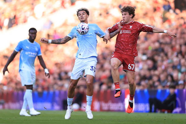 Liverpool gegen Manchester City, 11. Oktober 2026, Premier League, Liverpool gegen Manchester City, Nico O’Reilly von Manchester City und Lewis Kouma von Liverpool, Foto: Simon Stacpoole, Offside, Liverpool, Großbritannien Copyright: xSimonxStacpoolexOffside
