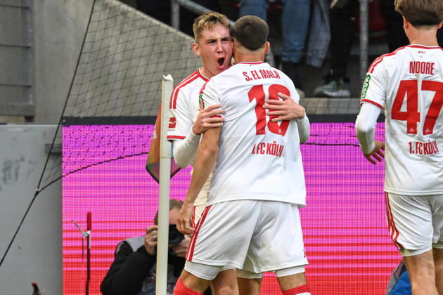 Isak Johannesson (Cologne 8) celebrates after scoring the 1-0 goal with Said El Mala (Cologne 10, 11, 10, 2026) ¢ Soccer ¢ 1. FC Cologne vs. Borussia Mönchengladbach, RheinEnergieStadion, Cologne, DFB and DFL regulations prohibit any use of photographs as image sequences and or quasi-video. NRW, Germany Copyright: xpepphotox xHorstxMauelshagenx pep00321, pep_20261011_hm