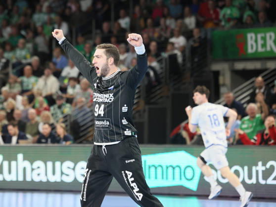 GER HBL 2026–2027 Season: FÜCHSE Berlin vs. TBV Lemgo, October 11, 2026, MAX SCHMELING HALLE, Berlin, Domenico EBNER of TBV Lemgo Lippe 94 celebrates after a successful save; goalkeeper, shout, emotion