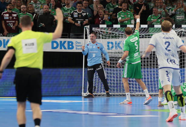 GER HBL 2026–2027 Season: Füchse Berlin vs. TBV Lemgo, October 11, 2026, MAX SCHMELING HALLE, Berlin; Andreas PALICKA (No. 12, Füchse Berlin) celebrates after a successful save