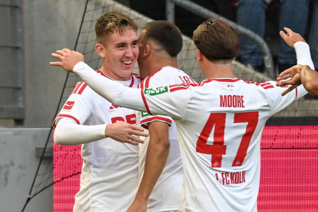 Isak Johannesson (Cologne 8) celebrates after scoring the 1-0 goal with Said El Mala (Cologne 10) and Mikey Moore (Cologne 47) 11 10 2026 ¢ Soccer ¢ 1. FC Cologne vs. Borussia Mönchengladbach, RheinEnergieStadion, Cologne, DFB DFL REGULATIONS PROHIBIT ANY USE OF PHOTOGRAPHS AS IMAGE SEQUENCES AND OR QUASI-VIDEO NRW Germany Copyright: xpepphotox xHorstxMauelshagenx pep00321, pep_20261011_hm