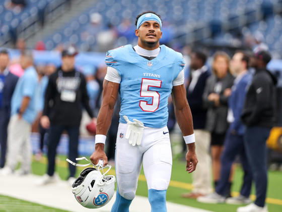 Oct 11, 2026; Nashville, TN, USA; Tennessee Titans wide receiver Elic Ayomanor (5) walks off the field during warm-ups prior to the NFL, American Football Herren, USA regular season game between the Houston Texans and Tennessee Titans at Nissan Stadium. Mandatory Credit: -Cal Media NFL 2026: Texans Vs Titans OCT 11 - ZUMAc04_ 20261011_zma_c04_026 Copyright: xStephenxFurstx