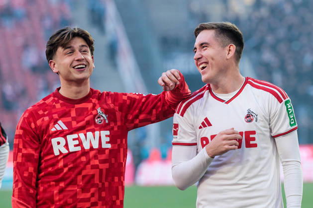 KOELN, GERMANY - OCTOBER 11: Mikey Moore (1. FC Koeln, 47) and Isak Johannesson (1. FC Koeln, 8) celebrate the derby win with the fans after the Bundesliga match between 1. FC Koeln vs. Borussia Moenchengladbach at Rheinenergie-Stadion on matchday 5 of the 1. Bundesliga on October 11, 2026 in Koeln, Germany. DFL REGULATIONS PROHIBIT ANY USE OF PHOTOGRAPHS AS IMAGE SEQUENCES AND OR QUASI-VIDEO. North Rhine Westphalia Germany Copyright: xSteffiexWunderlx