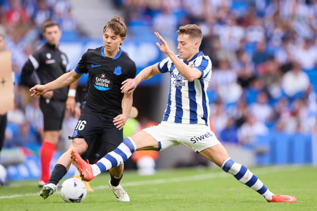 October 11, 2026, San Sebastian, Guipuzcoa, Spain: Lorenzo Amatucci of RC Deportivo de A Coruna competes for the ball with Luka Sucic of Real Sociedad during the LaLiga EA Sports match between Real Sociedad and RC Deportivo de A Coruna at Anoeta on October 11, 2026, in San Sebastian, Spain. Real Sociedad V RC Deportivo De La Coruna - La Liga EA Sports - ZUMAa181 20261011_zaa_a181_169 Copyright: xRicardoxLarreinax