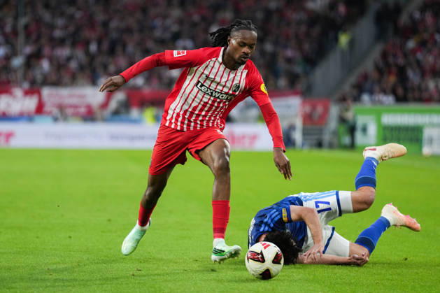 1 Bundesliga: SC Freiburg vs. FC Schalke 04, October 11, 2026—A tackle between Adrian Gantenbein (FC Schalke 04, No. 17) and Jordy Makengo (SC Freiburg, No. 33). 1 Bundesliga: SC Freiburg vs. FC Schalke 04, Europa-Park Stadium, October 11, 2026 DFB and DFL regulations prohibit any use of photographs as image sequences and or quasi-video. Copyright: xBEAUTIFULxSPORTS Boscox
