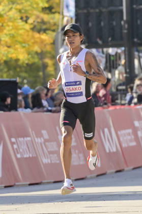 Suguru Osako of Japan crosses the finish line with a time of 02:07:34 placing 14th over all during 2026 Bank of America Chicago Marathon in Chicago on Sunday, Oct. 11, 2026. CHI20261011106 MARKxBLACK
