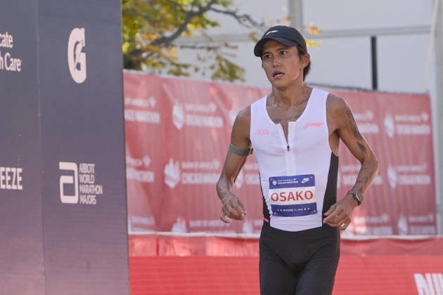 Suguru Osako of Japan crosses the finish line with a time of 02:07:34 placing 14th over all during 2026 Bank of America Chicago Marathon in Chicago on Sunday, Oct. 11, 2026. CHI20261011107 MARKxBLACK