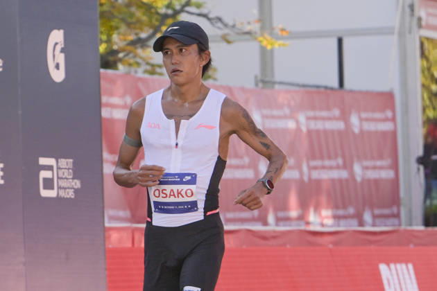 Suguru Osako of Japan crosses the finish line with a time of 02:07:34 placing 14th over all during 2026 Bank of America Chicago Marathon in Chicago on Sunday, Oct. 11, 2026. CHI20261011108 MARKxBLACK