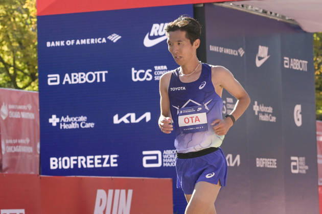 Tomoki Ota of Japan crosses the finish line with a time of 02:11:52 placing 26th over all placing during 2026 Bank of America Chicago Marathon in Chicago on Sunday, Oct. 11, 2026.  CHI20261011114 MARKxBLACK