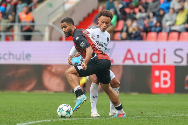 Ingolstadt, Germany October 11, 2026 3rd League 2026–2027 Matchday 8 FC Ingolstadt 04 vs. SV Wehen Wiesbaden Pictured, from left, in a tackle: Keanan Bennetts (FCI) and Roberto Massimo (SVWW). DFB and DFL regulations prohibit any use of photographs as image sequences and or quasi video Copyright: xFotostandx xSchäferx