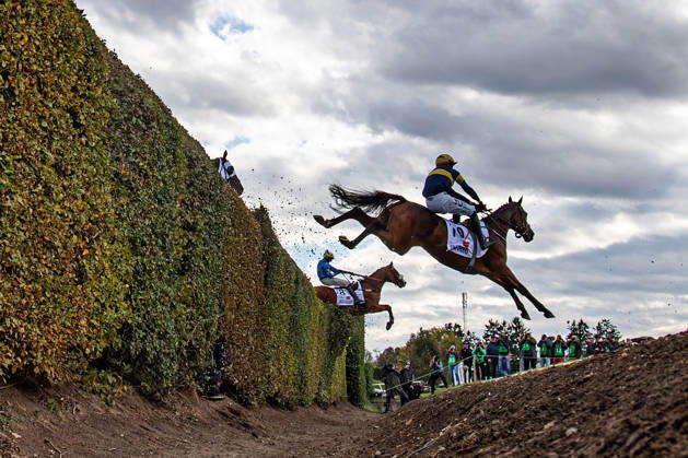 The 136th Grand Pardubice Steeplechase (6,900m), in Pardubice, Czech Republic, on October 11, 2026. From left: James Best on Greek Dessert and Keith Michael Donoghue on Final Orders clear the Taxis Ditch. (CTKxPhoto DavidxTanecek) CTKPhotoP2026101105370 CTKPhotoP2026101105370