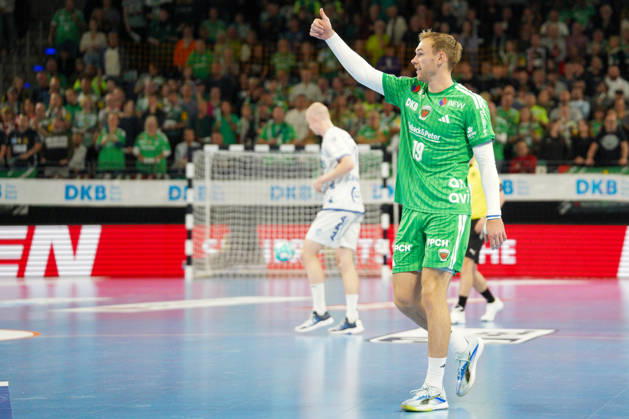 Pictured: Mathias Gidsel, Füchse Berlin, 19, celebrating, joy, November 10, 2026; Füchse Berlin vs. TVB Lemgo Lippe, HBL, Handball Bundesliga, 2026–27 season, Max Schmeling Halle Copyright: HMBxMedia xPascalxSpanehl