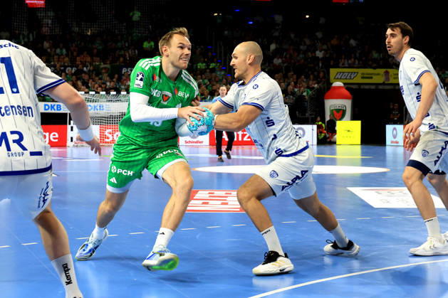 October 11, 2026, GER Germany, Handball, 1st Bundesliga, August 27, 2026, 2026–2027 season, Berlin, Fuechse Berlin vs. TBV Lemgo Lippe, Mathias Gidsel (Fuechse Berlin 19), Christian O’Sullivan (Lemgo 9), nordphoto GmbH, Engler Berlin, Max Schmeling Hall, Berlin, Germany Copyright: xNordphotox xEnglerx