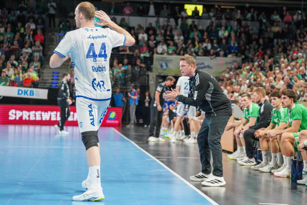 Pictured: Nicolej Krickau of Füchse Berlin, coach, celebrating on October 11, 2026; Füchse Berlin vs. TVB Lemgo Lippe, HBL, Handball Bundesliga, 2026–27 season, Max Schmeling Halle Copyright: HMBxMedia xPascalxSpanehl