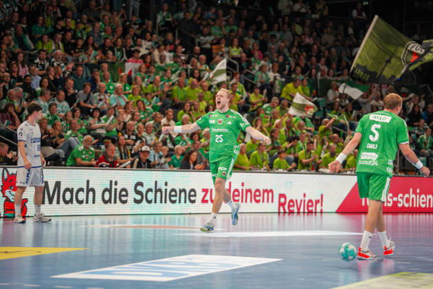 Pictured: Matthes Langhoff of Fuechse Berlin, 25, goal, score, celebration, goal celebration, joy, enthusiasm, celebrating, cheering, October 11, 2026, Fuechse Berlin vs. TVB Lemgo Lippe, HBL, Handball Bundesliga, 2026–27 season, Max Schmeling Hall Copyright: HMBxMedia xPascalxSpanehl