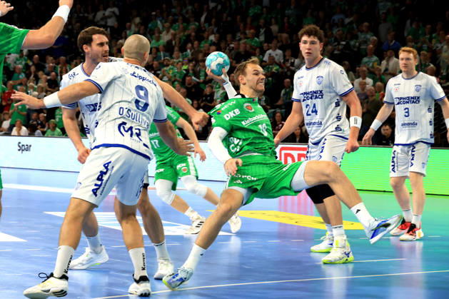 October 11, 2026, GER Germany, Handball, 1st Bundesliga, August 27, 2026, 2026–2027 season, Berlin, Fuechse Berlin vs. TBV Lemgo Lippe, Mathias Gidsel (Fuechse Berlin 19), Christian O Sullivan (Lemgo 9), Joel Willecke (Lemgo 24), nordphoto GmbH, Engler Berlin, Max Schmeling Hall, Berlin, Germany Copyright: xNordphotox xEnglerx