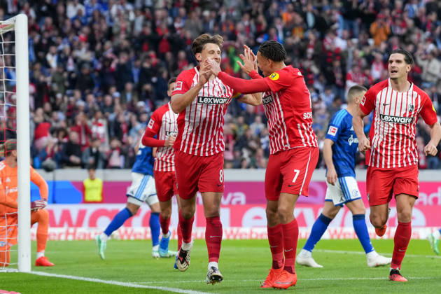 Maximilian Eggestein, SC Freiburg, 08; Derry Scherhant, SC Freiburg, 07; goal celebration, emotions, shot on goal, finish, goal scored, goal, hit, Germany, soccer, Bundesliga 1, Matchday 5, 2026–2027, SC Freiburg vs. FC Schalke 04, October 11, 2026, Europa-Park Stadium, Freiburg, Freiburg, Europa-Park Stadium, Baden-Württemberg, Germany Copyright: xArnexAmbergx