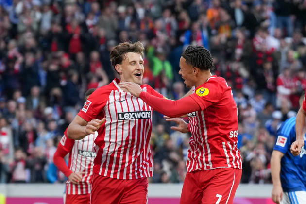 Maximilian Eggestein, SC Freiburg, 08; Derry Scherhant, SC Freiburg, 07; goal celebration, emotions, shot on goal, finish, goal scored, goal, hit, Germany, soccer, Bundesliga 1, Matchday 5, 2026–2027, SC Freiburg vs. FC Schalke 04, October 11, 2026, Europa-Park Stadium, Freiburg, Freiburg, Europa-Park Stadium, Baden-Württemberg, Germany Copyright: xArnexAmbergx