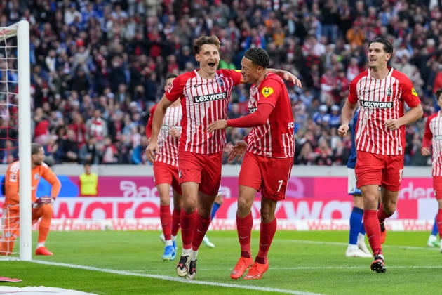Maximilian Eggestein, SC Freiburg, 08; Derry Scherhant, SC Freiburg, 07; goal celebration, emotions, shot on goal, finish, goal scored, goal, hit, Germany, soccer, Bundesliga 1, Matchday 5, 2026–2027, SC Freiburg vs. FC Schalke 04, October 11, 2026, Europa-Park Stadium, Freiburg, Freiburg, Europa-Park Stadium, Baden-Württemberg, Germany Copyright: xArnexAmbergx